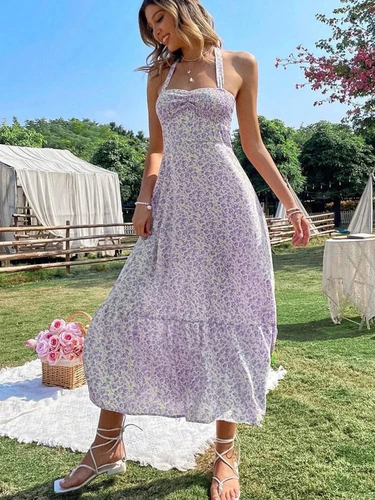 Robe Ete Dos Nu Midi Fleurie Boheme Violet Xs
