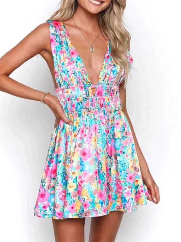 Robe Ete Fleurie Courte Dos Nu Multicouleur S