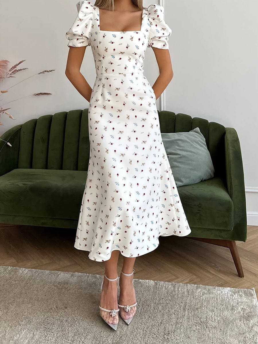 Robe Ete Fleurie Midi Col Carre Blanc S