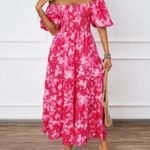 Robe Ete Florale Epaules Denudees Midi Rose Clair S