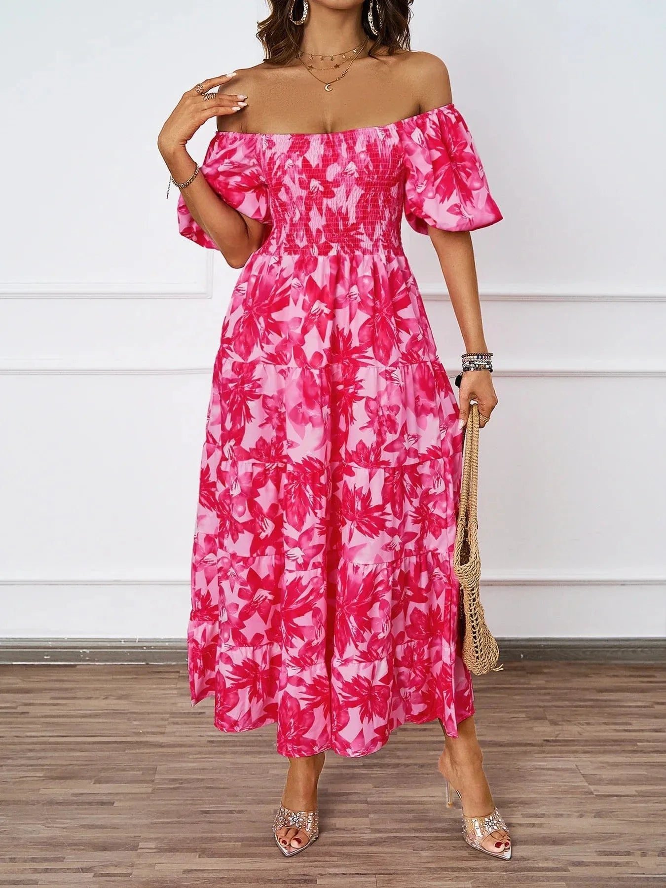 Robe Ete Florale Epaules Denudees Midi Rose Clair S