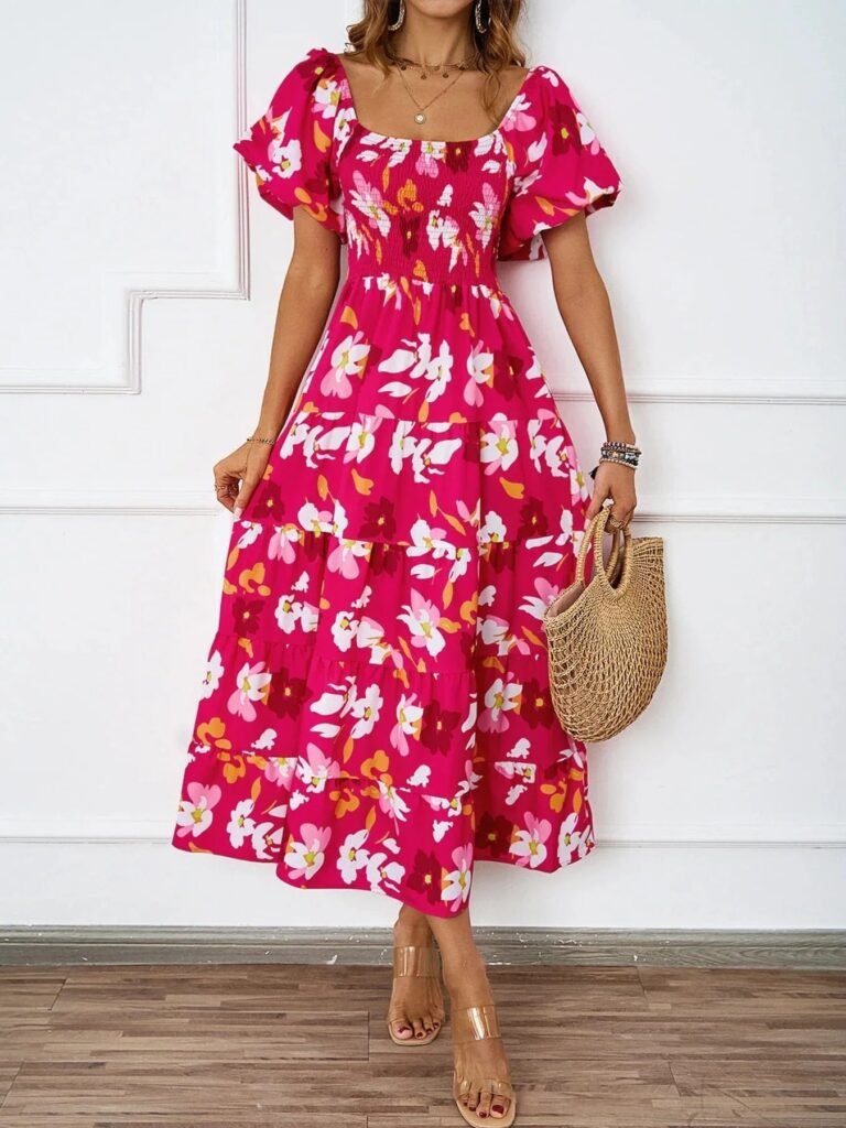 Robe Ete Florale Epaules Denudees Midi Rose S