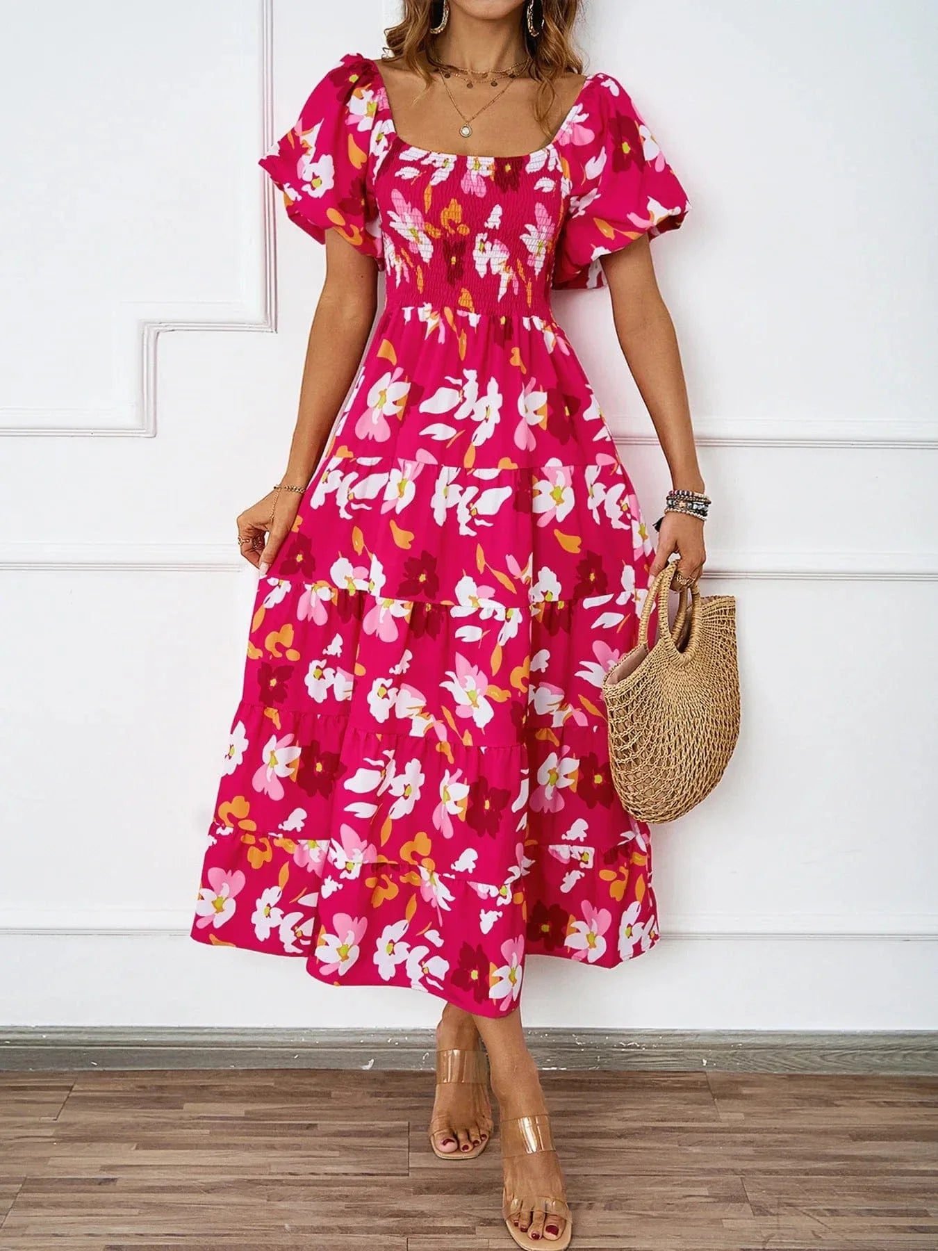 Robe Ete Florale Epaules Denudees Midi Rose S