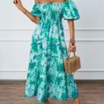 Robe Ete Florale Epaules Denudees Midi Turquoise S