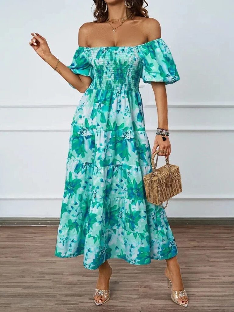 Robe Ete Florale Epaules Denudees Midi Turquoise S