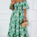 Robe Ete Florale Epaules Denudees Midi Vert S