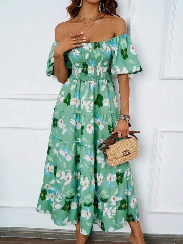 Robe Ete Florale Epaules Denudees Midi Vert S