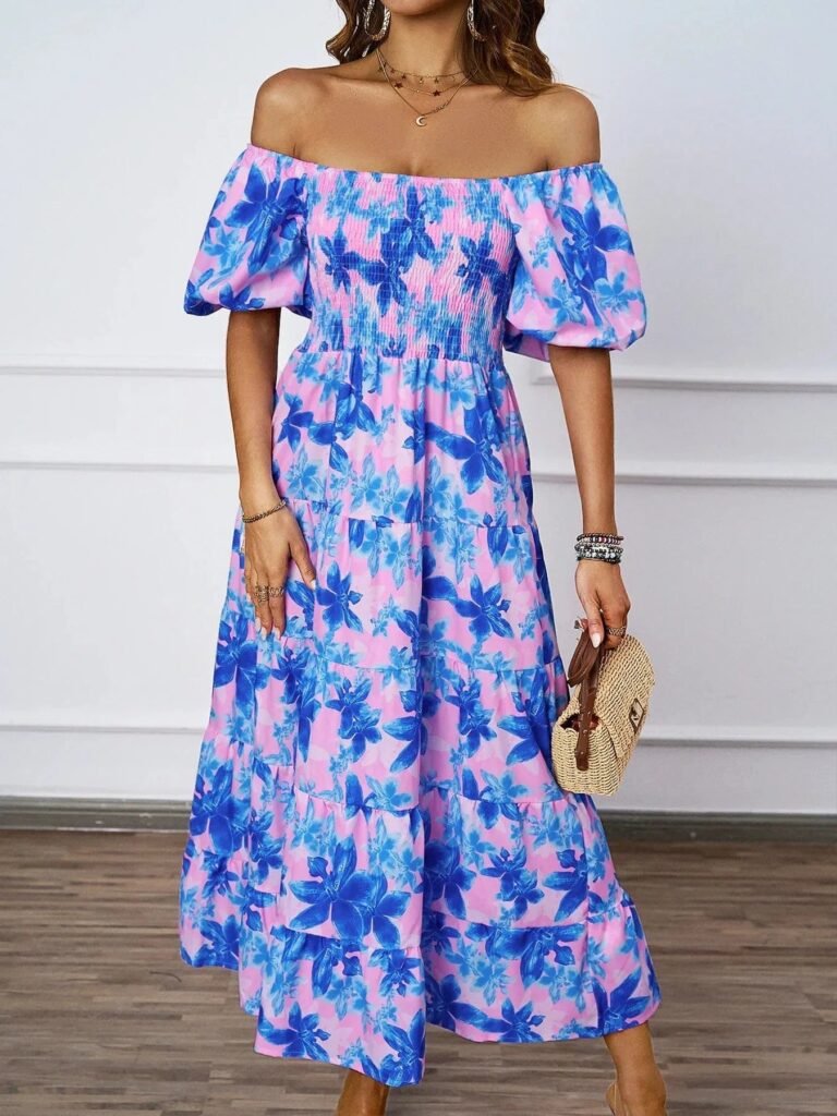Robe Ete Florale Epaules Denudees Midi Violet S