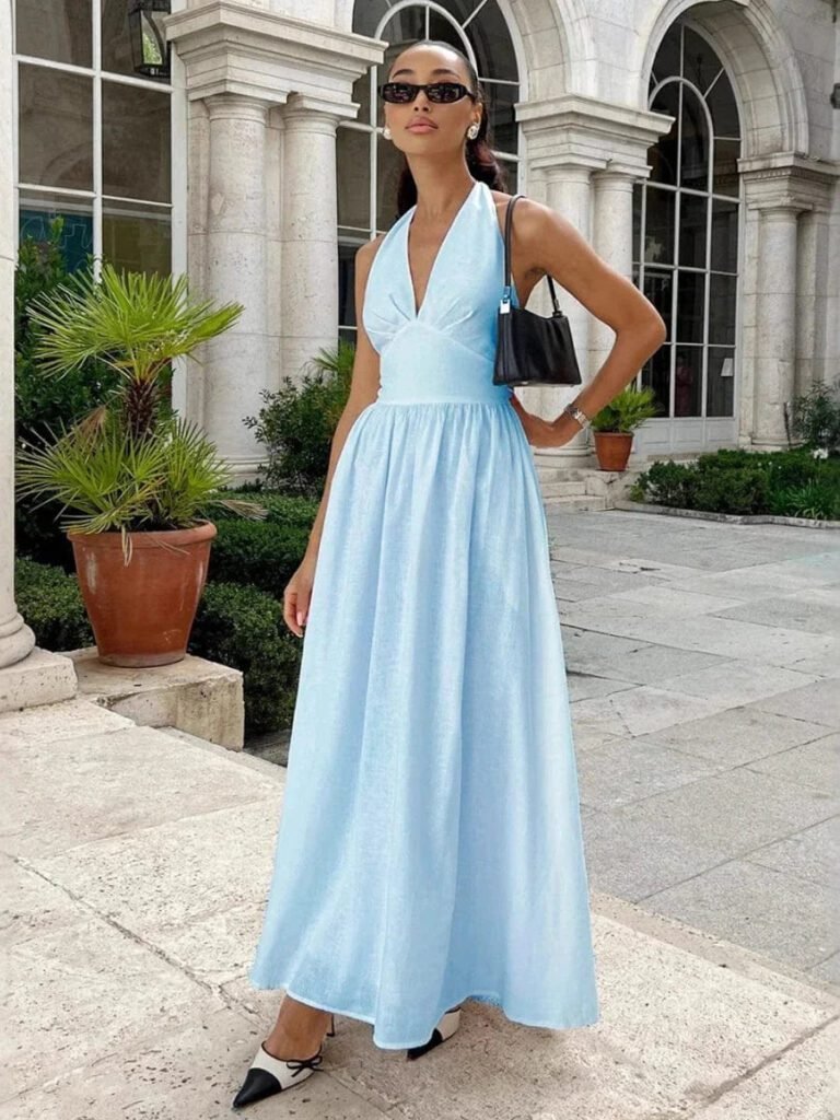 Robe Ete Fluide Longue Sans Manches Bleu S
