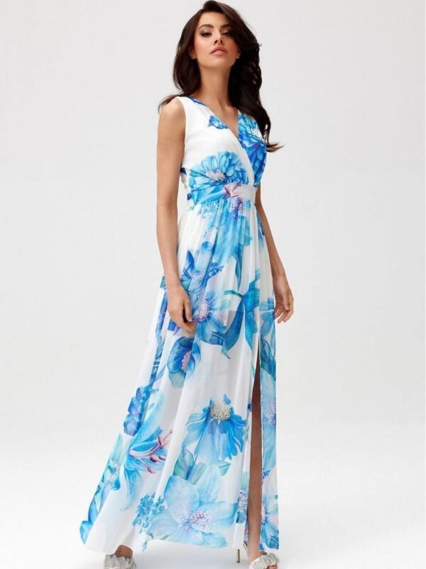 Robe Ete Longue Fleurie Fendue Multicouleur Bleu 34