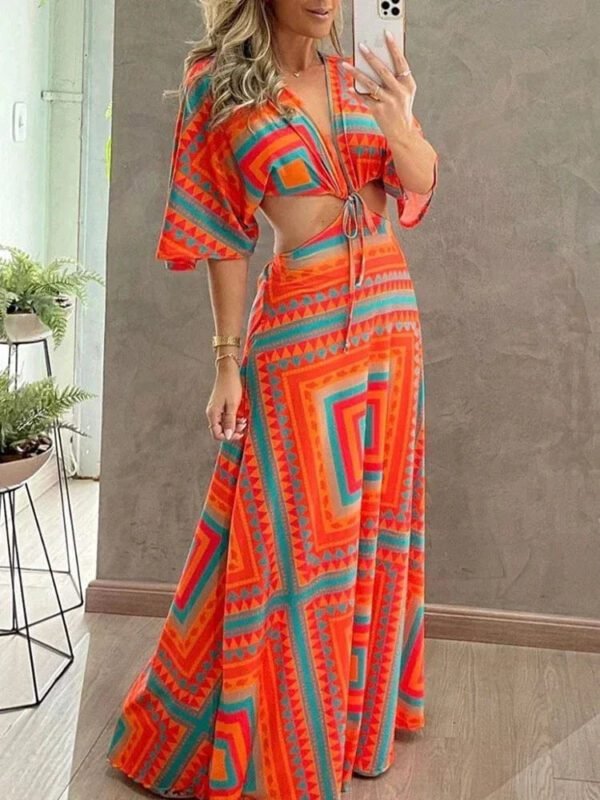 Robe Ete Longue Motif Geometrique Orange S