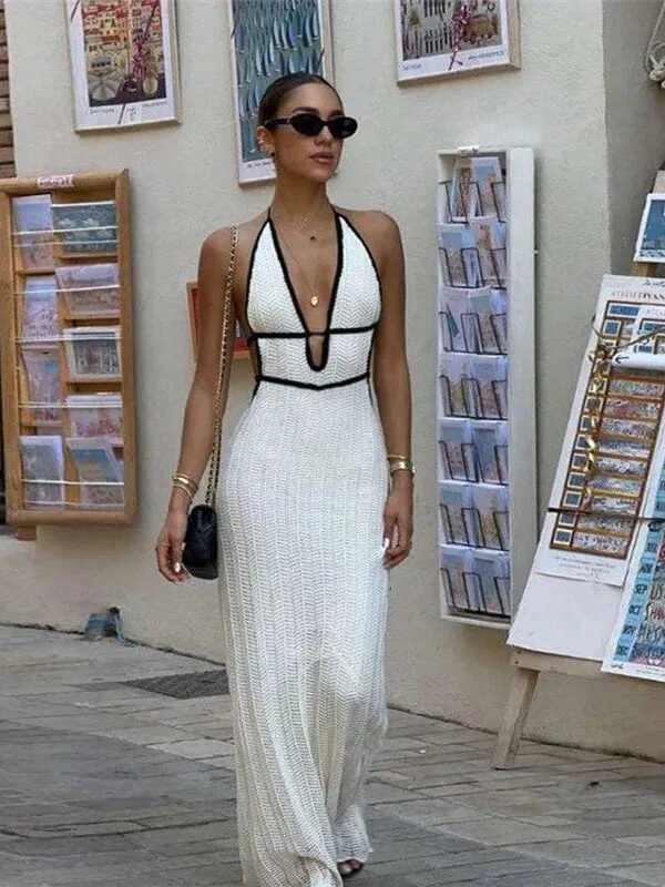 Robe Ete Longue Sexy Dos Nu Crochet Blanc S