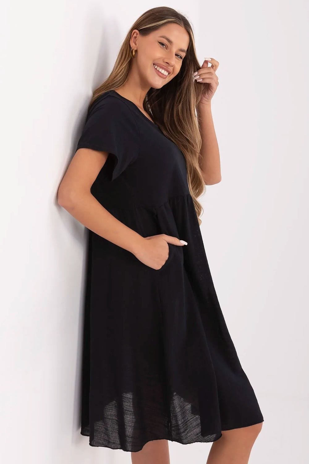 Robe Ete Noire Courte Casual Fluide A Boutons