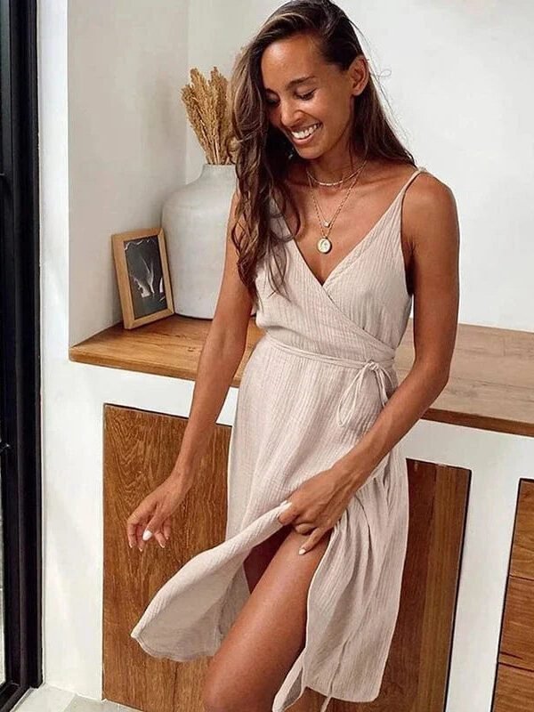 Robe Ete Plage Sexy Fendue A Bretelles Beige S