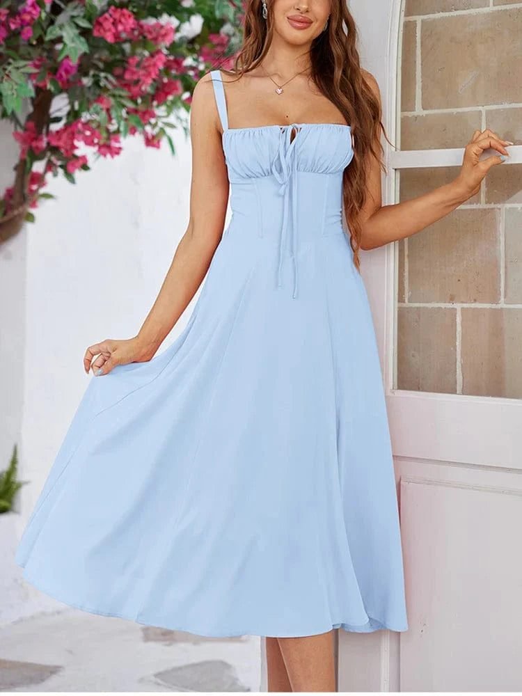 Robe Ete Plissee Midi Sans Manches Bleu Xs