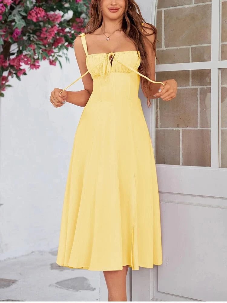 Robe Ete Plissee Midi Sans Manches Jaune Xs