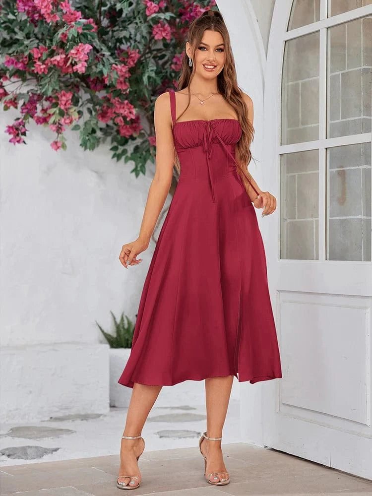 Robe Ete Plissee Midi Sans Manches Rouge Xs
