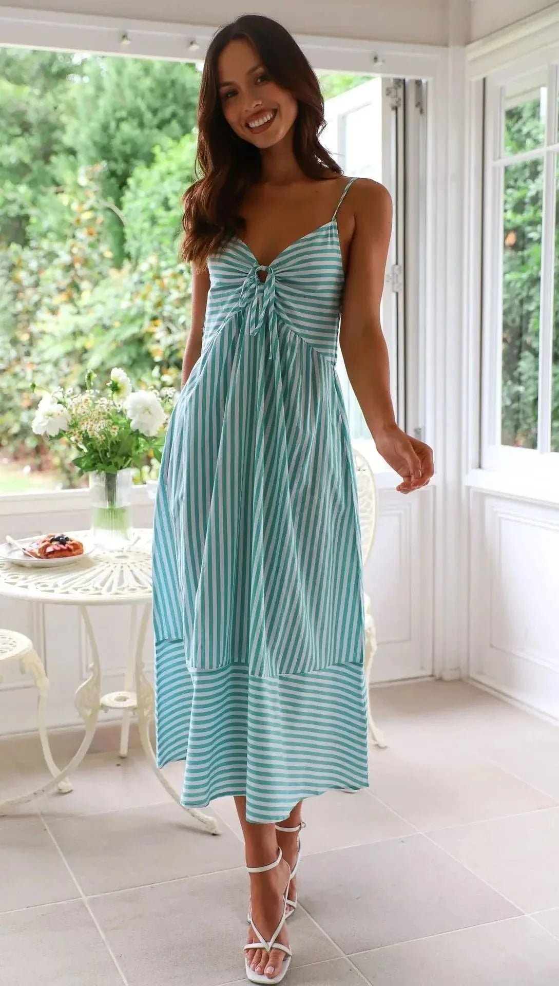 Robe Ete Rayee Midi A Bretelles Bleu Clair S