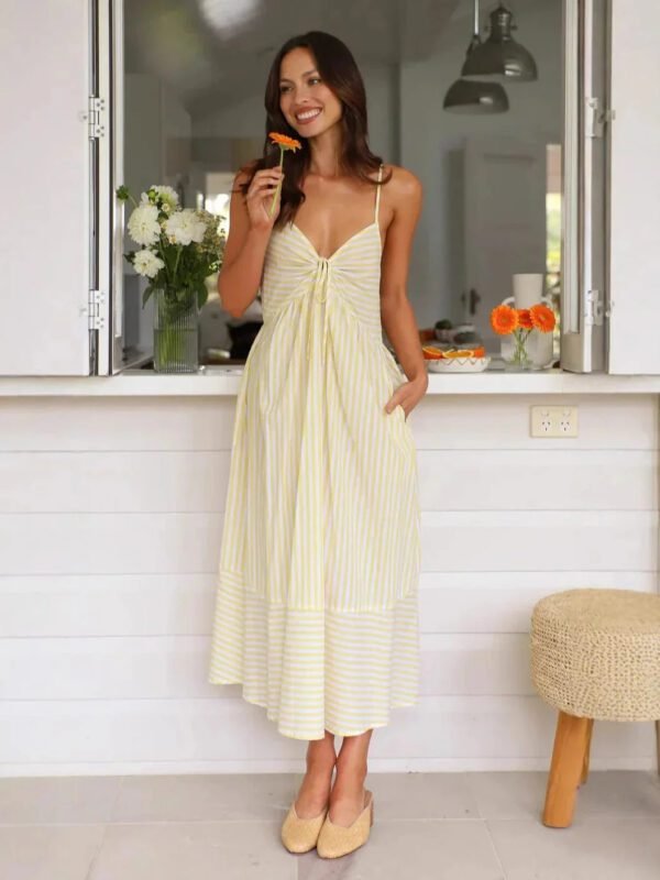 Robe Ete Rayee Midi A Bretelles Jaune S
