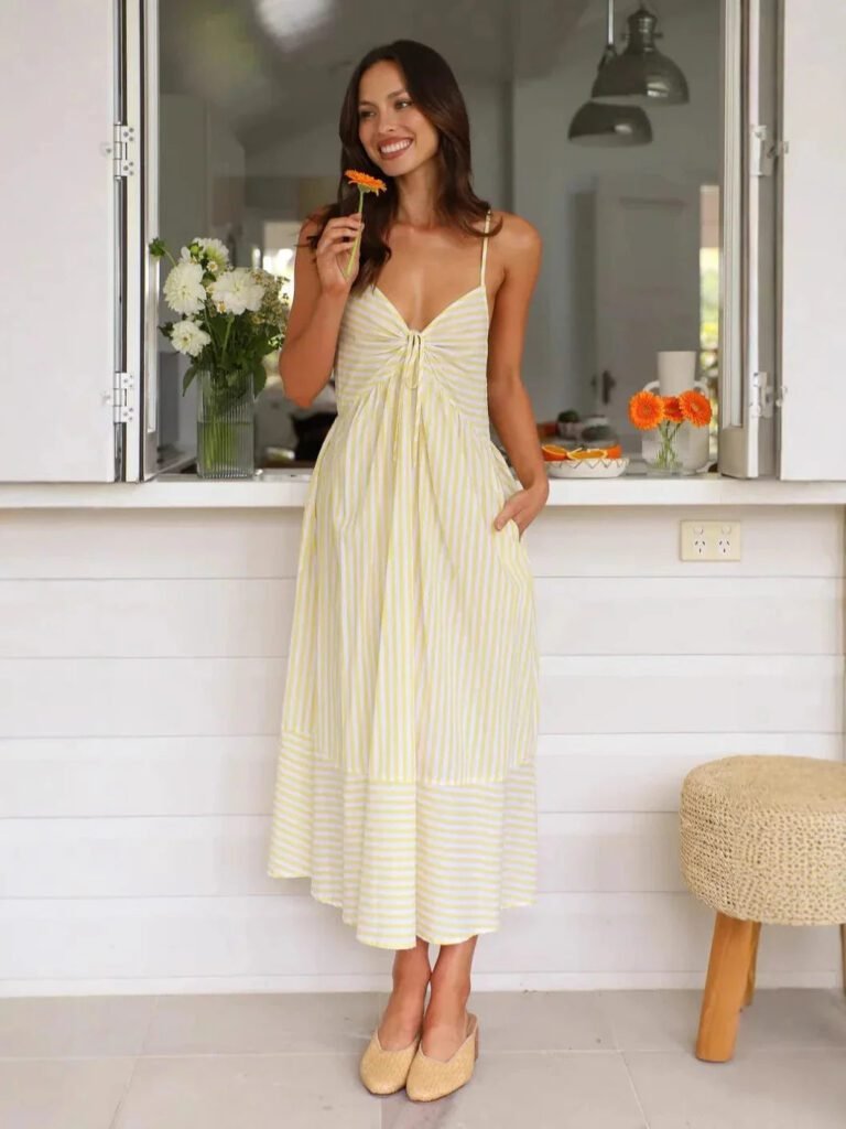 Robe Ete Rayee Midi A Bretelles Jaune S