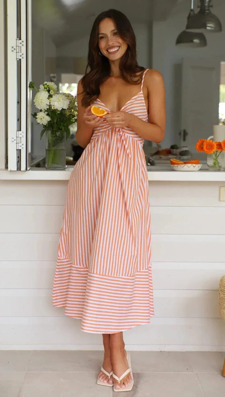 Robe Ete Rayee Midi A Bretelles Rose S