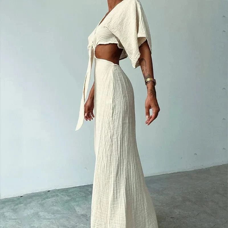 Robe Ete Sexy Longue Dos Nu Lin Coton Beige S