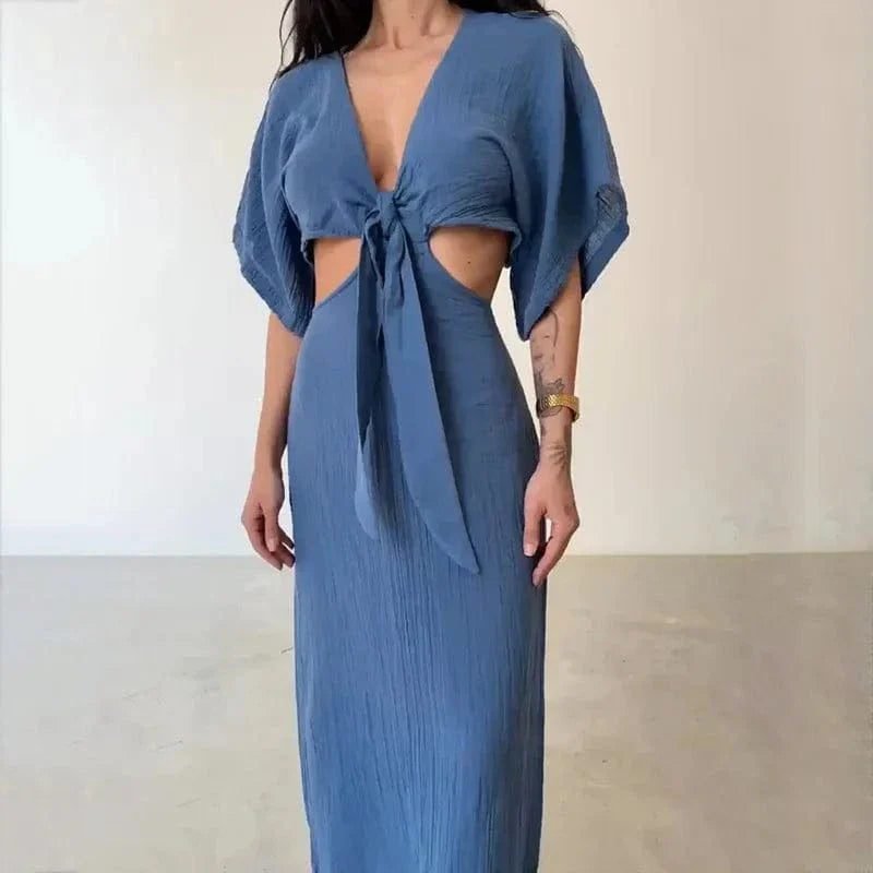 Robe Ete Sexy Longue Dos Nu Lin Coton Bleu S