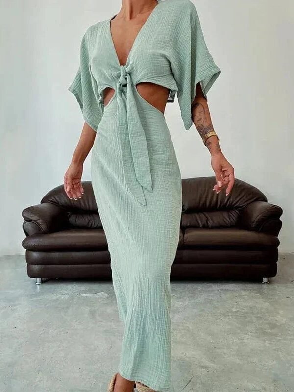 Robe Ete Sexy Longue Dos Nu Lin Coton Vert S