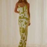 Robe Ete Sexy Longue Moulante A Motifs Vert S