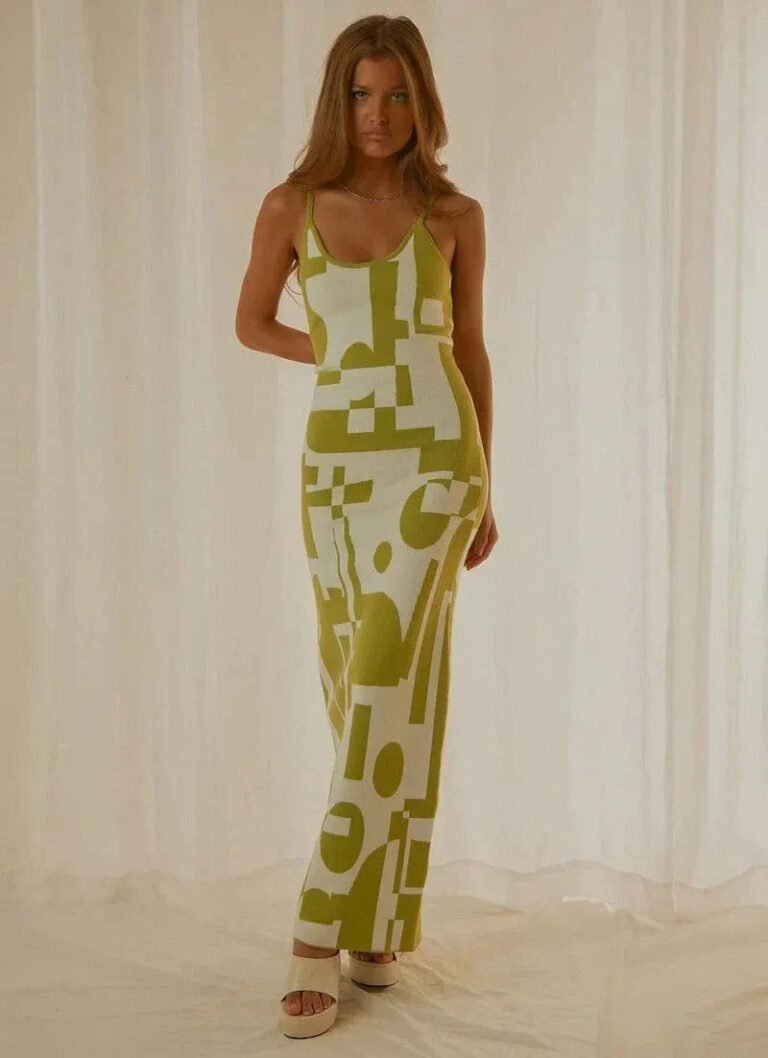 Robe Ete Sexy Longue Moulante A Motifs Vert S