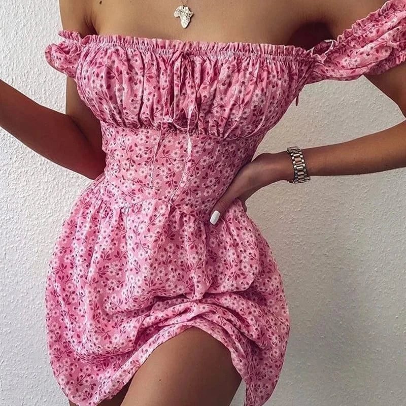 Robe Ete Sexy Rose Motif Fleuris Rose S