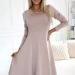 Robe Evasee Beige Casual Manches Longues Beige S