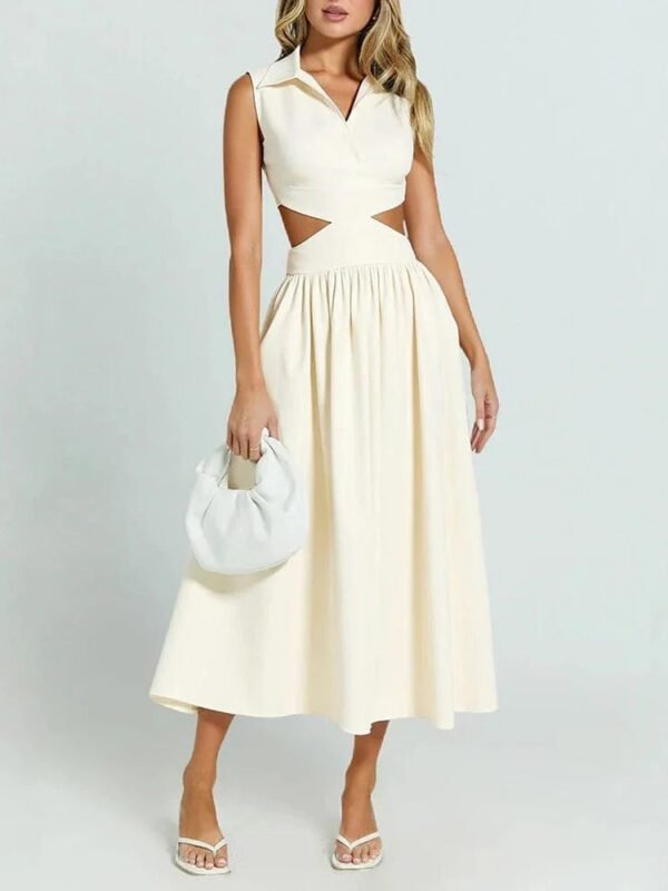 Robe Evasee Beige Col Chemise