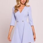 Robe Evasee Courte Avec Boutons Decoratifs Bleu S