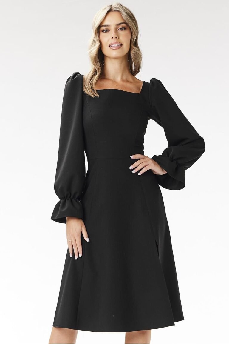 Robe Evasee Midi Chic Manches Longues Noir S