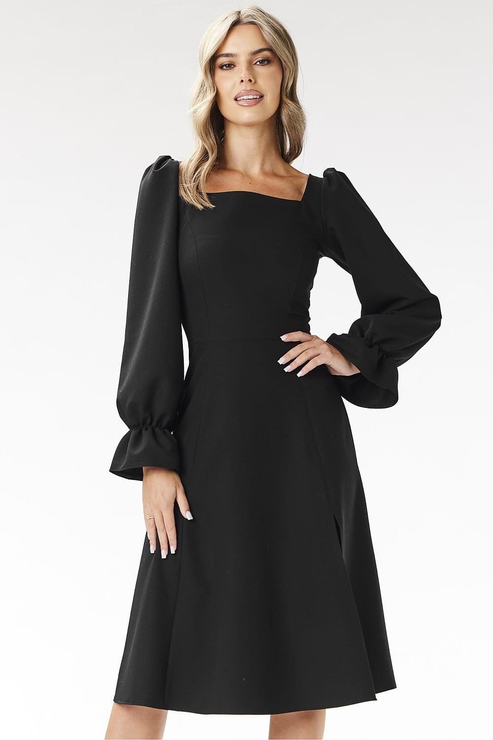 Robe Evasee Midi Chic Manches Longues Noir S