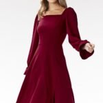 Robe Evasee Midi Chic Manches Longues Rouge S