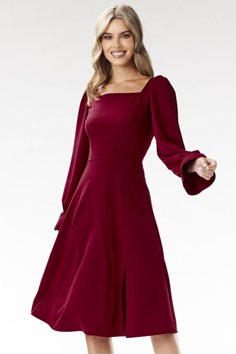 Robe Evasee Midi Chic Manches Longues Rouge S