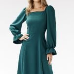 Robe Evasee Midi Chic Manches Longues Vert S