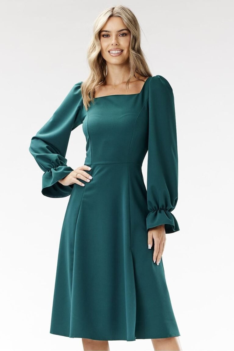Robe Evasee Midi Chic Manches Longues Vert S