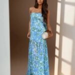 Robe Fleurie Bustier Longue Bleu S