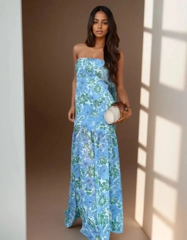 Robe Fleurie Bustier Longue Bleu S