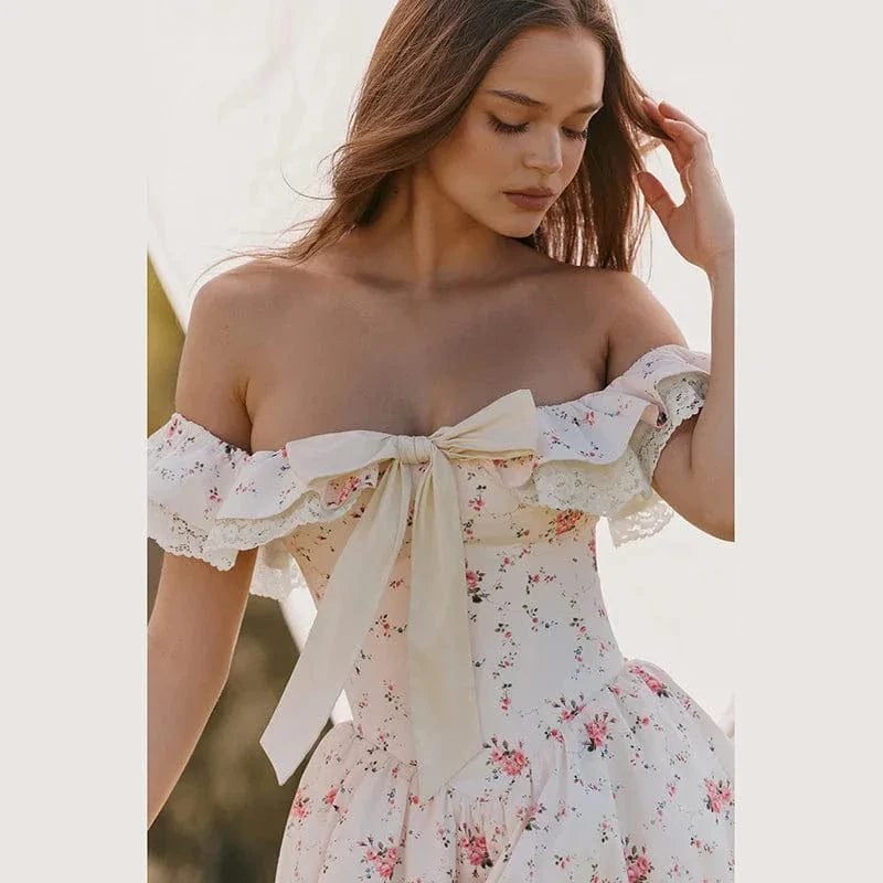 Robe Fleurie Courte Col Bardot 3