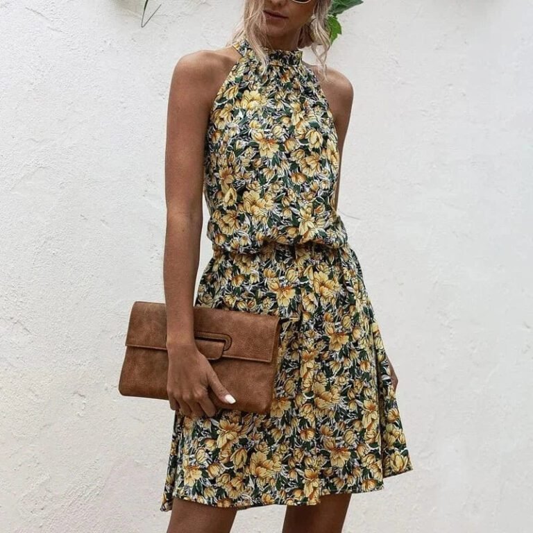 Robe Fleurie Courte Col Halter Jaune S