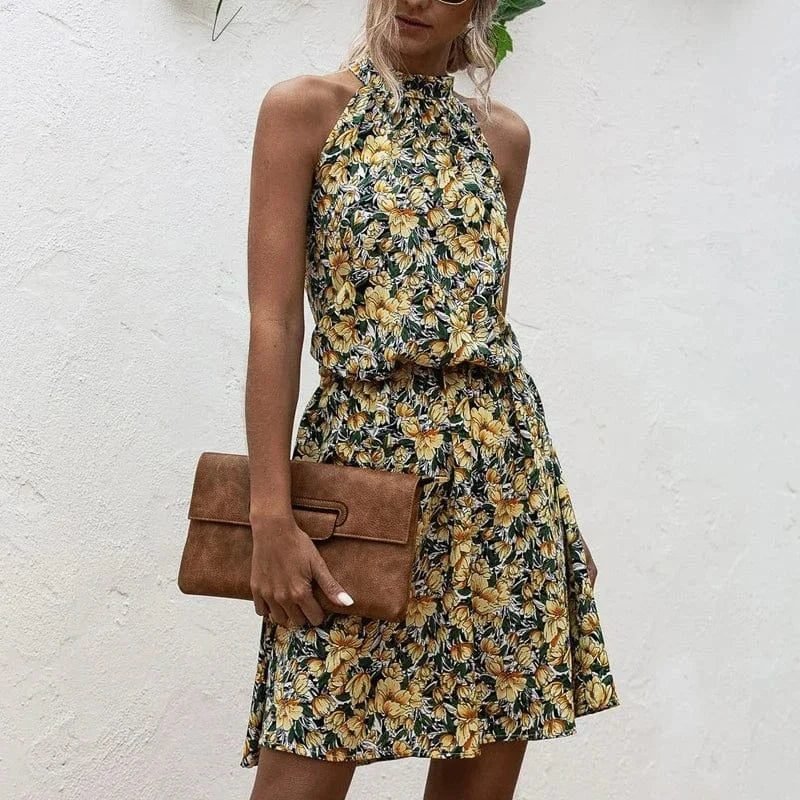 Robe Fleurie Courte Col Halter Jaune S