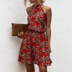 Robe Fleurie Courte Col Halter Rouge S