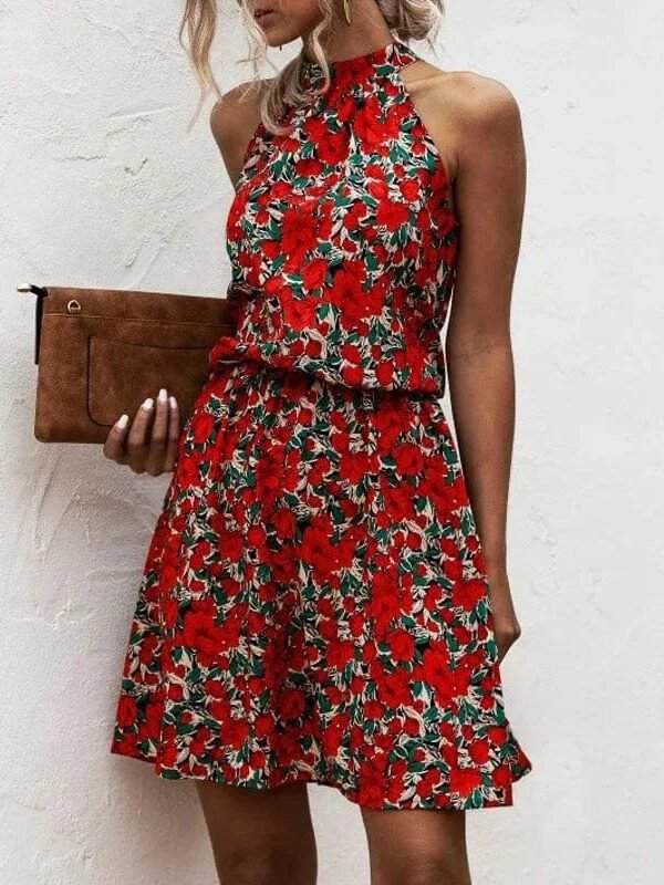 Robe Fleurie Courte Col Halter Rouge S