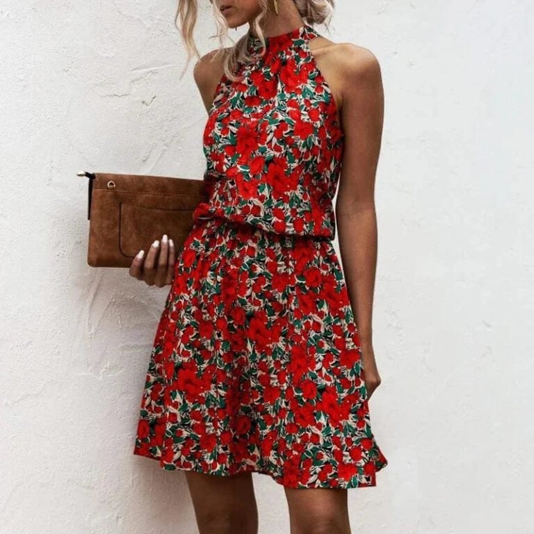 Robe Fleurie Courte Col Halter Rouge S