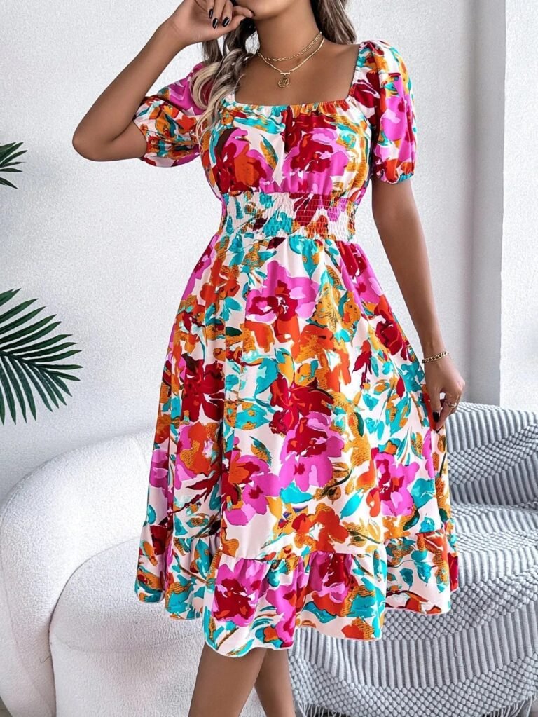 Robe Fleurie Courte Epaules Denudees Fluide Multicouleur S