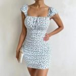 Robe Fleurie Courte Moulante Col Carre Bleu S